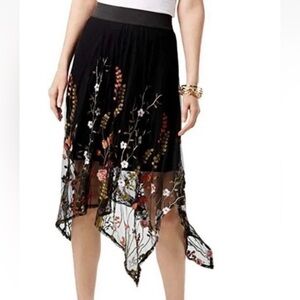 INC International Concepts Floral Embroidered Handkerchief Skirt Size L Black